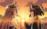 2girls animal_ears anime_coloring artist_request black_jacket black_sailor_collar black_sash blunt_bangs blurry blurry_background braid brown_hair city closed_mouth cloud depth_of_field diamond_(shape) dress ear_ornament ear_ribbon eye_contact eyelashes face-to-face flower frilled_sleeves frills from_side game_cg green_ribbon hair_between_eyes hair_flower hair_ornament hair_ribbon horse_ears horse_girl jacket kitasan_black_(umamusume) lens_flare light_blush long_hair long_sleeves looking_at_another multicolored_hair multiple_girls official_art open_clothes open_jacket open_mouth orange_sky outdoors pink_flower pinky_swear pointy_nose ponytail puffy_long_sleeves puffy_sleeves red_eyes red_ribbon ribbon sailor_collar sash satono_diamond_(umamusume) shirt short_hair short_ponytail single_braid sky smile straight_hair streaked_hair sun sunset tareme umamusume upper_body very_long_hair waist_sash wavy_hair white_dress white_shirt yellow_eyes rating:g score:5 post #10169313