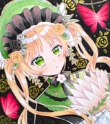 1girl absurdres akatsuki_nea black_flower black_ribbon black_rose blonde_hair commentary_request floral_background flower green_bonnet green_eyes hair_flower hair_ornament hand_fan highres holding holding_fan leaf lolita_fashion long_hair looking_at_viewer mahou_shoujo_no_majo_saiban neck_ribbon outline ribbon rose solo tono_hanna traditional_media twintails upper_body white_flower white_outline yellow_flower yellow_rose rating:g score:0 post #10174474