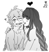 1boy 1girl aether_(genshin_impact) ahoge bare_pectorals bare_shoulders biting biting_cheek blunt_bangs blush braid breasts collarbone completely_nude couple curly_hair dated friends from_side genshin_impact hair_between_eyes hand_on_another's_shoulder heart hetero highres huge_ahoge huge_breasts implied_sex korean_commentary long_braid looking_at_viewer mixed-language_commentary monochrome multicolored_hair muscular muscular_male nipples nude one_eye_closed open_mouth pectorals raiden_shogun ranger_squirrel shade sideboob single_braid streaked_hair tearing_up teeth toned toned_male upper_body rating:s score:4 post #10174224