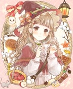 1girl acorn animal apple apple_hair_ornament apple_pie apple_slice argyle_background autumn autumn_leaves bag bird blonde_hair blunt_bangs blush border bow bowtie braid brown_bag brown_eyes brown_hat butter buttons candle candlestand capelet center_frills cinnamon_stick closed_mouth commentary_request cup earrings egg fingernails fire flower food food-themed_hair_ornament frilled_shirt_collar frills fruit fruit_basket green_bow green_bowtie hair_ornament handbag hands_up hat hat_bow hat_flower highres holding holding_cup hot_chocolate inset_border jewelry lantern leaf leaf_earrings long_hair long_sleeves looking_at_viewer marshmallow mouse_(animal) nail_polish nest orange_bow original owl pie pie_hair_ornament pink_background pink_nails puffy_long_sleeves puffy_sleeves red_bow red_capelet round_border shirt shoulder_bag side_braid single_braid smile solo steaming_cup striped_bow teacup tententuyu upper_body wavy_hair white_flower white_shirt witch_hat x_hair_ornament rating:g score:4 post #10111321
