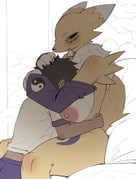 1boy 1girl alternate_breast_size_(larger) animal_ears animal_nose arms_around_neck black_sclera blue_eyes body_fur breasts colored_sclera digimon digimon_(creature) facial_mark fox_ears fox_girl fox_tail furry furry_female hand_on_another's_head highres hug huge_breasts neck_fur neck_tuft nipples purple_sleeves renamon snout solo_focus tail two-tone_fur white_fur yellow_fur yin_yang zhou135627 rating:q score:7 post #10163814