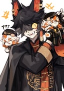 2boys :d ? ?? aak_(arknights) aak_(doctor_of_faces)_(arknights) animal_ear_piercing arknights bags_under_eyes black_coat black_hair black_nails chibi coat colored_sclera colored_tips ear_piercing fang fingerless_gloves furry furry_male gloves grey_hair hair_over_one_eye highres holding holding_stuffed_toy horns hung_(arknights) hung_(just_a_driver)_(arknights) laughing looking_at_viewer male_focus multicolored_hair multiple_boys multiple_piercings official_alternate_costume piercing red_shirt shirt single_horn smile stuffed_toy swirlkura white_hair yellow_sclera rating:g score:4 post #10046749