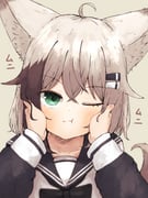 1girl ahoge animal_ears green_eyes hair_ornament highres kuon_(meguru_1225) long_sleeves meguru_1225 one_eye_closed original sailor_collar tail rating:g score:3 post #10175830