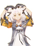 1girl arknights armband arms_up bird_girl black_ribbon collarbone commentary dot_nose dress feather_hair gloves goggles goggles_around_neck grey_gloves grey_jacket halterneck heart_arms highres indai_(3330425) jacket looking_at_viewer medium_hair open_mouth orange_armband orange_eyes outline owl_ears owl_girl ptilopsis_(arknights) rhine_lab_logo ribbon simple_background solo symbol-only_commentary teeth white_background white_dress white_hair rating:g score:13 post #10168997