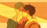 2boys artist_name black_hair closed_eyes closed_mouth commentary earrings english_commentary green_hair hand_on_another's_face hat highres jewelry kiss kissing_cheek kouu_kunn lips male_focus medium_sideburns monkey_d._luffy multiple_boys one_piece piercing red_shirt roronoa_zoro scar scar_across_eye scar_on_face shirt short_hair smile straw_hat unworn_hat unworn_headwear upper_body yaoi rating:g score:0 post #10171141