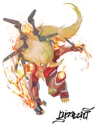 1boy apollomon blonde_hair digimon digimon_(creature) fire full_body highres lion long_hair male_focus nimadj shoulder_pads signature simple_background solo white_background rating:g score:2 post #10157643