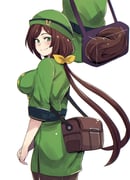 1girl bag bow bowler_hat brown_hair from_behind green_hat green_jacket hair_bow hat hayakawa_tazuna highres hinghoi horse_girl horse_tail jacket long_hair looking_at_viewer looking_back shoulder_bag skirt skirt_suit smile solo split_ponytail suit tail umamusume white_background rating:g score:0 post #10175004