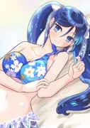 1girl absurdres beach bikini blue_bikini blue_eyes blue_hair blush breasts cleavage collarbone commentary_request day floral_print hair_ribbon highres isuzu_(kancolle) isuzu_kai_ni_(kancolle) isuzu_kai_ni_(swimsuit)_(kancolle) kantai_collection large_breasts long_hair looking_at_viewer lying navel neko_to_imo outdoors ribbon sand sarong single-shoulder_bikini smile solo swimsuit twintails rating:s score:9 post #9606288