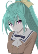 1girl absurdres ahoge aqua_hair arms_at_sides assault_lily black_ribbon buttons closed_mouth collared_shirt commentary_request cropped_jacket double-breasted frown hair_between_eyes hair_ribbon high_ponytail highres long_hair long_sleeves looking_at_viewer neck_ribbon ponytail purple_eyes ribbon school_uniform shirt simple_background solo tashiro_ayumu upper_body white_background white_shirt yadoo yellow_ribbon rating:g score:1 post #10168315