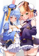 2girls absurdres animal_ears bell blonde_hair blue_dress blue_hair blue_hat blush braid braided_hair_rings breasts brown_thighhighs bun_cover carrot_print chinese_clothes cleavage cleavage_cutout clothing_cutout commentary_request cowboy_shot detached_sleeves double_bun dress earrings food_print frilled_sleeves frills gradient_hair green_eyes grin hair_bun hair_rings hat highres hololive jewelry jiangshi jiangshi_costume large_breasts long_hair long_sleeves looking_at_viewer marishia_holo medium_breasts momosuzu_nene momosuzu_nene_(jiangshi) multicolored_hair multiple_girls official_alternate_costume official_alternate_hairstyle ofuda ofuda_on_head pink_hair pom_pom_(clothes) pom_pom_earrings purple_dress purple_hat qingdai_guanmao quad_hair_rings rabbit_ears rabbit_girl red_eyes short_eyebrows short_hair side-by-side sleeves_past_fingers sleeves_past_wrists smile thick_eyebrows thighhighs usada_pekora usada_pekora_(jiangshi) virtual_youtuber rating:s score:6 post #10175464