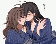 2girls animal_ears blue_kimono blush breasts brown_hair cleavage closed_eyes female_trainer_(umamusume) hand_on_another's_shoulder highres horse_ears horse_girl japanese_clothes kimono mole mole_under_eye multiple_girls nakayama_festa_(umamusume) parted_lips purple_eyes roroko_momo simple_background smile trainer_(umamusume) umamusume white_background yukata yuri rating:s score:19 post #10157187