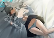 1girl absurdres animal_ear_fluff animal_ears aqua_eyes black_skirt blue_archive blush bow bow_bra bow_panties bra breasts bright_pupils closed_mouth clothes_lift collarbone commentary_request commission cross_hair_ornament feet_out_of_frame grey_bra grey_hair grey_panties grey_shirt hair_ornament hands_up highres knees_together_feet_apart long_hair long_sleeves lying medium_breasts moving_gun on_back on_bed open_clothes open_shirt panties parted_bangs pleated_skirt polka_dot polka_dot_bra polka_dot_panties school_uniform shiroko_(blue_archive) shirt sidelighting skirt skirt_lift solo strap_slip twitter_username underwear watermark white_pupils rating:s score:16 post #10175200