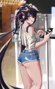 1girl absurdres ass bag black_hair black_nails blush cellphone denim denim_shorts hairband highres holding holding_phone long_hair looking_at_viewer looking_back micro_shorts nail_polish original phone priite_hari_(torriet) purple_eyes purple_hairband revision shirt shorts shoulder_bag sidelocks smartphone solo standing thighs torriet twintails underbutt very_long_hair white_shirt rating:s score:26 post #10154151