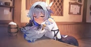 1girl absurdres arm_rest beer_mug black_gloves black_hairband blue_hair blush commentary_request cup eula_(genshin_impact) foam genshin_impact gloves hair_between_eyes hair_ornament hairband hand_on_own_cheek hand_on_own_face highres indoors juliet_sleeves kimi_tsuru long_sleeves looking_at_viewer mug nose_blush puffy_sleeves shirt short_hair solo tankard tavern textless_version white_shirt yellow_eyes rating:s score:7 post #10175109