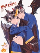 2boys 8d2suga9 alternate_costume animal_ears bandaged_neck bandages bat_wings biyoo_(omniscient_reader's_viewpoint) black_eyes blue_hanbok commentary demon_horns english_commentary halloween hanbok hand_on_another's_wrist highres horns hug hug_from_behind kemonomimi_mode kim_dokja korean_clothes large_hands looking_at_another male_focus multiple_boys omniscient_reader's_viewpoint one_eye_closed oversized_clothes tail wide_sleeves wings wolf_ears wolf_tail yoo_joonghyuk rating:g score:-1 post #10171144