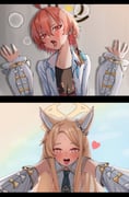 2girls absurdres ahoge animal_ear_fluff animal_ears blonde_hair blue_archive braid commentary cross_halo female_pov floral_print_shirt fox_ears fox_girl halo highres kabedon long_hair mole multiple_girls neru_(blue_archive) neru_(school_uniform)_(blue_archive) open_mouth orange_hair pov red_eyes seia_(blue_archive) shirt single_braid taeman tongue tongue_out white_shirt yellow_halo yuri rating:s score:19 post #10129656