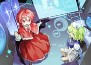 2girls ^_^ black_cape blonde_hair blue_sailor_collar bow bowtie cape capelet chair clenched_hand closed_eyes commission computer cup frilled_capelet frilled_skirt frills hakurei_reimu hakurei_reimu_(pc-98) happy hat hologram holographic_interface indoors kaigen_1025 kitashirakawa_chiyuri laboratory mug multiple_girls no_nose okazaki_yumemi on_chair open_mouth red_bow red_bowtie red_capelet red_eyes red_hair red_skirt sailor_collar sailor_hat shirt short_sleeves short_twintails shorts sitting skeb_commission skirt smile star_(symbol) touhou touhou_(pc-98) twintails white_shirt white_shorts rating:g score:14 post #10149021