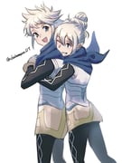 1boy 1girl bandana bandana_around_neck black_leggings blue_bandana chakamaru_ut female_kana_(fire_emblem) fire_emblem fire_emblem_fates grey_eyes highres leggings male_kana_(fire_emblem) open_mouth pointy_ears white_hair rating:g score:0 post #10175430