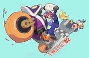4boys banana_peel blue_background blue_overalls blue_toad_(mario) boots brown_hair checkered_flag commentary cotogochan english_commentary english_text facial_hair flag gloves goatee hat highres holding holding_flag long_sleeves male_focus mario_(series) mario_kart mario_kart_world motor_vehicle motorcycle multiple_boys mushroom mustache on_motorcycle orange_boots overalls pink_nose pointy_boots pointy_ears purple_hat purple_shirt shirt short_hair socks teeth toad_(mario) waluigi white_gloves white_socks yellow_toad_(mario) rating:g score:5 post #9940867