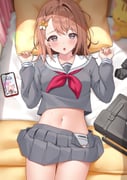 1girl :o artist_name bag bed bed_sheet black_socks blush braid breasts brown_hair cellphone charl2837 clothes_lift clothes_writing collarbone commentary_request cowboy_shot crop_top curtains fingernails flower grey_eyes grey_panties grey_serafuku grey_shirt grey_skirt hair_behind_ear hair_flower hair_ornament hanasato_minori hands_up highres indoors long_fingernails long_sleeves looking_at_viewer lying medium_hair midriff miniskirt miyamasuzaka_girls'_academy_school_uniform navel neckerchief on_back on_bed open_clothes open_mouth open_skirt panties parted_lips phone pillow pleated_skirt project_sekai red_neckerchief sailor_collar school_bag school_uniform serafuku shirt side_braid single_sidelock skirt skirt_lift sleeve_cuffs small_breasts smartphone socks solo stuffed_animal stuffed_toy sweat underwear underwear_writing unworn_socks variant_set white_sailor_collar rating:s score:0 post #10174978