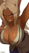 1girl absurdres animal_ears armpit_crease boku_no_hero_academia cosplay cropped_legs facial_mark forehead_mark grin highres japanese_clothes jewelry long_eyelashes long_hair looking_at_viewer mirko naruto_(series) necklace rabbit_ears rabbit_girl shibbunny simple_background smile solo sweat tsunade_(naruto) tsunade_(naruto)_(cosplay) rating:s score:4 post #10175374
