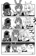 1other 2girls 4koma absurdres animal_ear_fluff animal_ears arknights asphyxiation bare_shoulders cat_ears choking_on_object chopsticks coat comic commentary_request doctor_(arknights) eating food greyscale hairball highres holding holding_chopsticks hood hooded_jacket jacket jewelry kal'tsit_(arknights) kantaro long_sleeves mochi monochrome multiple_girls open_clothes ring short_hair silent_comic sitting rating:g score:12 post #8940841