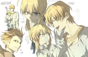 0304rong0304 1boy 1girl age_regression aged_down armor artoria_pendragon_(fate) blank_eyes blonde_hair braid carrying carrying_person child commentary_request earrings fate/stay_night fate_(series) gilgamesh_(fate) gold_armor green_eyes hair_ribbon highres jewelry korean_commentary korean_text necklace open_mouth oversized_clothes red_eyes ribbon saber_(fate) sleeves_past_fingers sleeves_past_wrists smile sweat sweatdrop translation_request twitter_username watermark rating:g score:0 post #10175090