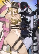 2girls absurdres angel_wings angewomon belt black_bodysuit blonde_hair blue_skin bodysuit breasts brown_belt cleavage closed_mouth colored_skin digimon digimon_(creature) fang grey_hair head_wings helmet highres ladydevimon leotard long_hair looking_at_viewer medium_breasts miao_jiangyou multiple_girls red_eyes sidelocks smile thigh_strap white_leotard wings rating:s score:24 post #10155616