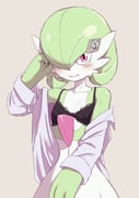 bare_shoulders blush bra colored_skin gardevoir hair_ornament hairclip highres himewe looking_at_viewer mega_stone no_humans off_shoulder open_clothes open_mouth open_shirt pink_eyes pokemon pokemon_(anime) pokemon_(creature) poketoon shirt simple_background solo underwear rating:s score:7 post #10176682