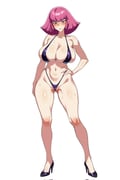 1girl alternate_breast_size_(larger) ass_visible_through_thighs bikini black_shoes blush breasts cameltoe cleavage closed_mouth collarbone commentary curvy embarrassed full_body gundam haman_karn hand_on_own_hip high_heels highleg highleg_bikini highres huge_breasts knees legs looking_at_viewer navel partially_visible_vulva pink_hair purple_bikini purple_eyes ring_light_reflection shoes short_hair simple_background skindentation solo standing sweat swimsuit wessidesuyo white_background zeta_gundam rating:q score:15 post #10175340