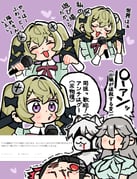 1boy 3girls :3 absurdres alexandrina_sebastiane andii_(anzai_teachco) animal_ears black_hair blood blood_from_mouth blood_on_face blue_dress blush body_fur chest_bow closed_eyes colored_inner_hair colored_tips commentary_request corin_wickes dress ellen_joe eyepatch furry furry_male furry_with_non-furry green_hair grey_hair grey_vest hair_between_eyes hair_ornament heart highres interspecies long_hair microphone mole mole_under_eye multicolored_hair multiple_girls multiple_views muzzle_(mask) open_mouth purple_background purple_eyes razor_blade_hair_ornament red_eyes screw_hair_ornament shark_girl shirt short_eyebrows short_hair speech_bubble thick_eyebrows translation_request twintails vest von_lycaon white_fur white_hair white_shirt wolf_boy wolf_ears zenless_zone_zero rating:s score:5 post #10171697