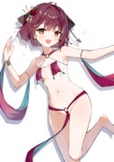 1227ree 1girl absurdres armlet atelier_(series) atelier_sophie_2 bare_shoulders barefoot blush bracelet breast_curtains breasts brown_eyes commentary_request commission covered_nipples dancer fang groin harem_outfit highres jewelry looking_at_viewer navel open_mouth pixiv_commission red_hair ribbon short_hair simple_background skin_fang small_breasts smile solo sophie_neuenmuller sparkle white_background rating:q score:34 post #9905922