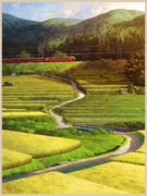 border bridge brown_border bush cloud commentary_request day grass guard_rail hill landscape location_request mountain mugumo_24k nara_prefecture nature no_humans original outdoors overhead_line real_world_location rice_paddy road scenery shed signature sunset train tree wheat_field rating:g score:2 post #10083531