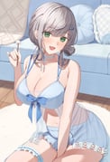 1girl babydoll blue_babydoll blue_shorts breasts cleavage couch frilled_thigh_strap green_eyes grey_hair hair_ornament hairclip hand_between_thighs highres hololive indoors large_breasts looking_at_viewer mikumineko mole mole_on_breast navel open_mouth shirogane_noel shirogane_noel_(9th_costume) shorts solo thigh_strap rating:s score:5 post #10175588