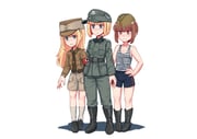 3girls arm_at_side armband belt belt_buckle black_belt black_boots blue_eyes blue_shirt blunt_ends boots breast_pocket brown_belt brown_eyes brown_hair brown_hat brown_pants brown_shirt buckle buttons censored_symbol closed_mouth collar_tabs collared_jacket collared_shirt commentary commission english_commentary erica_(naze1940) field_cap flat_chest full_body garrison_cap green_hat green_jacket green_pants hand_on_own_hip hat highres insignia jacket long_hair long_sleeves looking_ahead looking_at_viewer looking_to_the_side m43_field_cap military_hat military_jacket military_uniform multiple_girls nazi open_mouth original pants patch pocket red_armband red_star reichsadler second-party_source shadow shirt shirt_tucked_in shoes short_hair shoulder_boards shoulder_patch skull_and_crossbones smile socks soldier soviet_army standing star_(symbol) striped_clothes striped_shirt sturmabteilung telnyashka totenkopf waffen-ss white_background white_shirt white_socks world_war_ii x_(symbol) rating:s score:12 post #8001096