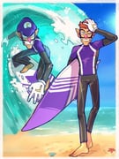 1boy arm_up bags_under_eyes barefoot beach black_pants black_shirt blue_sky border brown_hair commentary_request day facial_hair feet gloves grin hand_on_own_head hat highres holding holding_surfboard lens_flare long_sleeves looking_at_viewer male_focus mario_&_sonic_(series) mario_&_sonic_at_the_tokyo_2020_olympic_games mario_(series) multicolored_shirt multiple_views mustache ocean official_alternate_costume one_eye_closed outdoors outside_border pants pointy_ears pointy_nose purple_hat purple_shirt rash_guard sand seashell shell shirt short_hair sky smile starfish sunlight surfboard surfing teeth v-shaped_eyebrows walking waluigi water waves white_border white_gloves yowasabimechaoc rating:g score:3 post #8782075