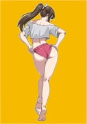 1girl absurdres artist_name ass barefoot brown_hair commentary english_commentary feet from_behind grey_shirt heart highres legs legs_together off_shoulder ponytail red_shorts shiranui_mai shirt shorts shukeiart simple_background soles solo the_king_of_fighters thighs toes underbutt yellow_background rating:s score:384 post #10149997