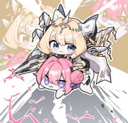 2girls :3 akira_(manga) akira_slide black_gloves black_pantyhose black_shorts blonde_hair blue_eyes bow brown_background chibi closed_mouth colorful_background crown crown_(nikke) doro_(nikke) double-parted_bangs drill_hair full_body gloves goddess_of_victory:_nikke grey_background hair_between_eyes hair_bow hair_bun hair_tubes highres holding holding_polearm holding_weapon long_hair looking_at_viewer multiple_girls pantyhose pink_hair polearm purple_bow purple_eyes riding shirt shorts single_side_bun smile spear twin_drills v-shaped_eyebrows weapon white_shirt yabby zoom_layer rating:g score:2 post #10174957