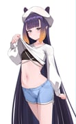 1girl absurdres beret black_tube_top blue_eyes blue_shorts blunt_bangs breasts clothes_lift cropped_shirt english_commentary hat highres hololive hololive_english lifting_own_clothes long_hair navel ninomae_ina'nis orange_hair pointy_ears purple_hair shirt shirt_lift short_shorts shorts simple_background skaarl_(artist) small_breasts solo strapless tentacle_hair tube_top very_long_hair virtual_youtuber white_background white_shirt rating:s score:10 post #10176445