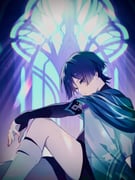 1boy animal_print arm_on_knee armor bird_print black_bridal_gauntlets black_hair black_shorts blue_cape blue_sleeves blunt_ends bridal_gauntlets cape closed_mouth eyeliner eyeshadow from_side furisode genshin_impact highres indoors japanese_armor japanese_clothes kimono knee_up kote kurokote layered_sleeves light_smile looking_at_viewer makeup male_focus open_hand purple_eyes purple_rope red_eyeliner red_eyeshadow red_pupils rope scaramouche_(genshin_impact) shorts sideways_mouth sitting solo stained_glass w02_14 wanderer_(genshin_impact) white_sleeves white_trim wispy_bangs rating:g score:0 post #10174927