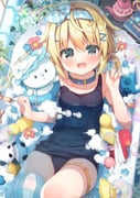 1girl ahoge bare_arms bare_shoulders bath bathing bathtub blonde_hair blue_collar blue_eyes blue_flower blush book bubble bubble_wand collar commentary_request covered_navel fake_halo flower haconect hair_between_eyes hair_intakes halo hanamiya_natsuka heart looking_at_viewer old_school_swimsuit open_mouth partially_submerged perupo red_flower rose rubber_duck school_swimsuit shampoo_hat short_twintails single_thighhigh solo strap_slip striped_clothes striped_thighhighs stuffed_animal stuffed_panda stuffed_toy swimsuit teapot teddy_bear thighhighs twintails virtual_youtuber water white_flower white_rose rating:s score:8 post #9689256