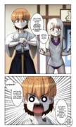 2girls 2koma comic commission dojo fate/stay_night fate_(series) fujimura_taiga gym_shirt gym_uniform hakama hakama_skirt hand_on_hilt highres illyasviel_von_einzbern japanese_clothes multiple_girls o_o open_mouth planted planted_sword sharp_teeth shinai shirt skirt sword teeth tiger_dojo tyrnickleback weapon wooden_sword rating:g score:0 post #10175745