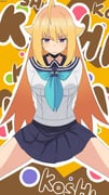 1girl ahoge aqua_neckerchief arms_behind_back artist_name bambi2000line blonde_hair blue_sailor_collar blue_skirt blush breasts brown_background character_name commentary_request embarrassed hair_flaps highres koshi_torako large_breasts long_hair long_sleeves multicolored_eyes neckerchief pleated_skirt sailor_collar school_uniform serafuku shikanoko_nokonoko_koshitantan shirt sidelocks signature skirt solo spread_legs straight-on sweatdrop text_background two-tone_background v-shaped_eyebrows very_long_hair white_shirt yellow_background rating:s score:0 post #10176202