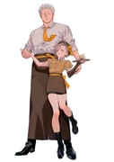 1boy 1girl antenna_hair apron asymmetrical_bangs badge beret black_apron black_boots black_shoes black_skirt boots breast_pocket breasts brown_apron brown_hat brown_shirt chef coffee_mug collared_shirt creamer_(vessel) cup diagonal-striped_clothes diagonal-striped_necktie full_body grey_eyes grey_hair hat height_difference highres holding holding_hands holding_tray jitome kabane_(rjev8385) lace-up_boots long_sleeves looking_at_another looking_at_viewer looking_down medium_breasts mug necktie oc_x_canon one_piece open_mouth original parted_lips pencil_skirt pocket puffy_short_sleeves puffy_sleeves shirt shoes short_hair short_sleeves simple_background skirt small_sweatdrop smile smoker_(one_piece) standing standing_on_one_leg striped_clothes swept_bangs tray waitress white_background white_hair white_shirt yellow_eyes yellow_necktie rating:g score:1 post #10176645