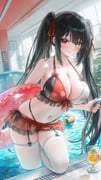 1girl absurdres artist_name ball bare_shoulders bikini bikini_skirt black_hair blunt_bangs blush breasts ceiling cleavage clock_eyes closed_mouth collarbone commentary_request cup date_a_live day drinking_glass dutch_angle frilled_bikini frilled_innertube frills front-tie_bikini_top front-tie_top garter_straps hair_between_eyes hair_ribbon heterochromia highres indoors innertube juice large_breasts liht long_hair looking_at_viewer microskirt mint multi-strapped_bikini_bottom multicolored_bikini navel picture_frame plant pool pool_ladder poolside potted_plant red_bikini red_hair red_ribbon ribbon sidelocks skirt smile solo stomach swim_ring swimsuit symbol-shaped_pupils thighhighs thighs tile_floor tiles tokisaki_kurumi tokisaki_kurumi_(spirit) twintails two-tone_bikini very_long_hair volleyball water wet white_thighhighs window yellow_eyes rating:s score:34 post #10158630