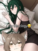 1boy 1girl :3 absurdres animal_ear_fluff artist_name bed black_nightgown brown_hair cat_boy commentary crusch_karsten english_commentary english_text felix_argyle green_hair head_between_thighs highres i'm_this_clingy_(meme) light_frown long_hair looking_at_viewer lying meme meomeo0303 messy_hair nightgown on_side photo-referenced pillow re:zero_kara_hajimeru_isekai_seikatsu short_hair twitter_username rating:s score:7 post #10169569