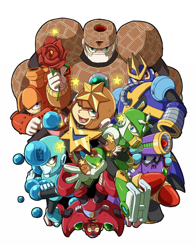 star man, gravity man, napalm man, wave man, gyro man, and 3 more (mega man and 1 more) drawn by nekoichi