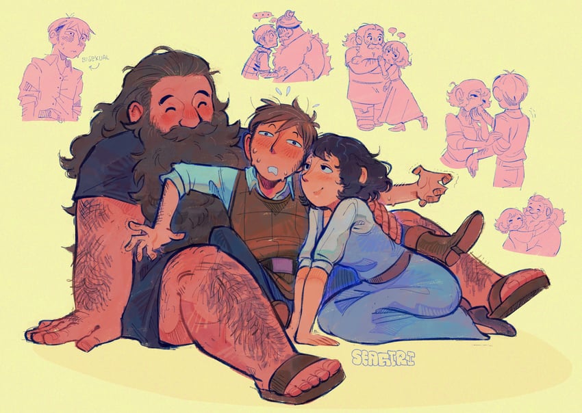 senshi, chilchuck tims, and chilchuck's wife (dungeon meshi) drawn by seagiri