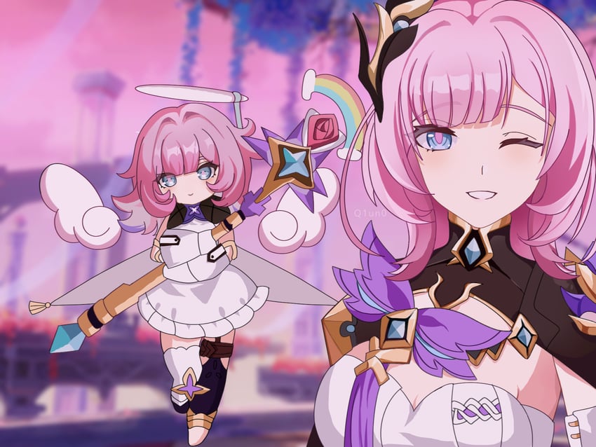 elysia and elf elysia (honkai and 1 more) drawn by q1_tao_xun