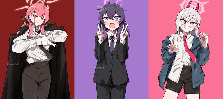 makima, aru, power, mutsuki, higashiyama kobeni, and 1 more (blue archive and 1 more) drawn by manli